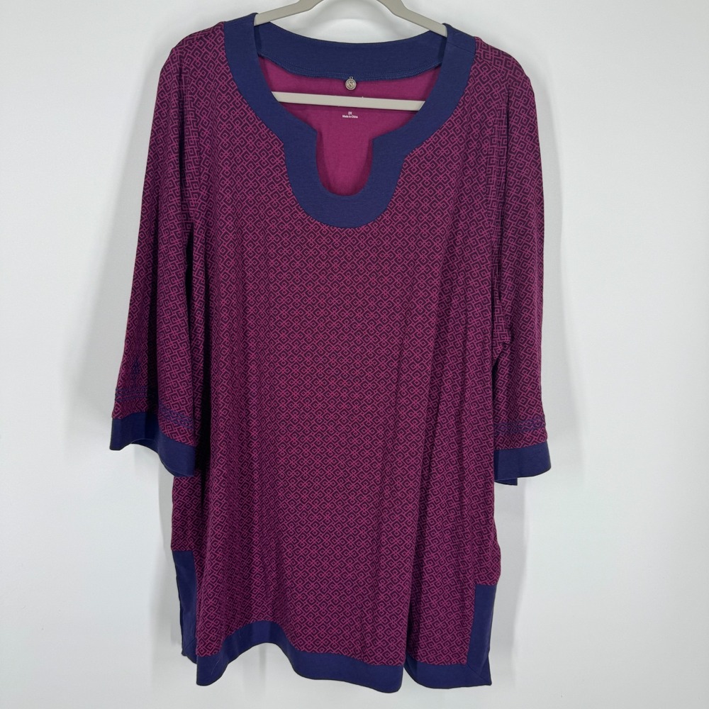 Soft Surroundings Tunic Top Womens 2X Purple Geometric Print 3/4 Sleeve